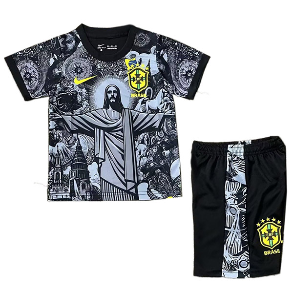 Brazil kit per bambini versione Jesus maglia nera kit da calcio per bambini mini maglietta da calcio uniformi giovanili 2024-2025