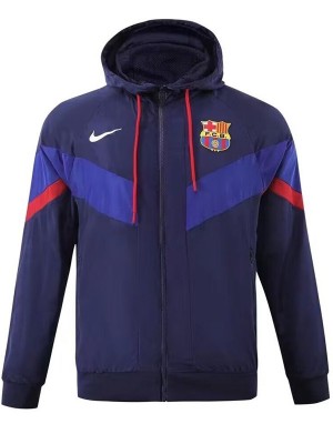 Barcelona giacca a vento con cappuccio giacca abbigliamento sportivo da calcio tuta da allenamento con cerniera completa da uomo kit blu scuro cappotto da calcio all'aperto 2024-2025