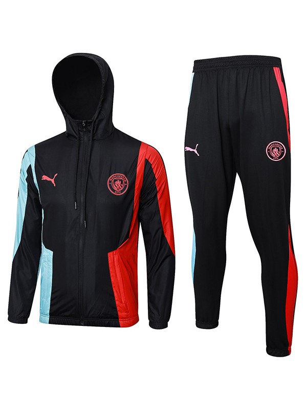 Manchester city windbreaker hoodie jacket football sportswear tracksuit full zipper black red uniform men's training kit 2024